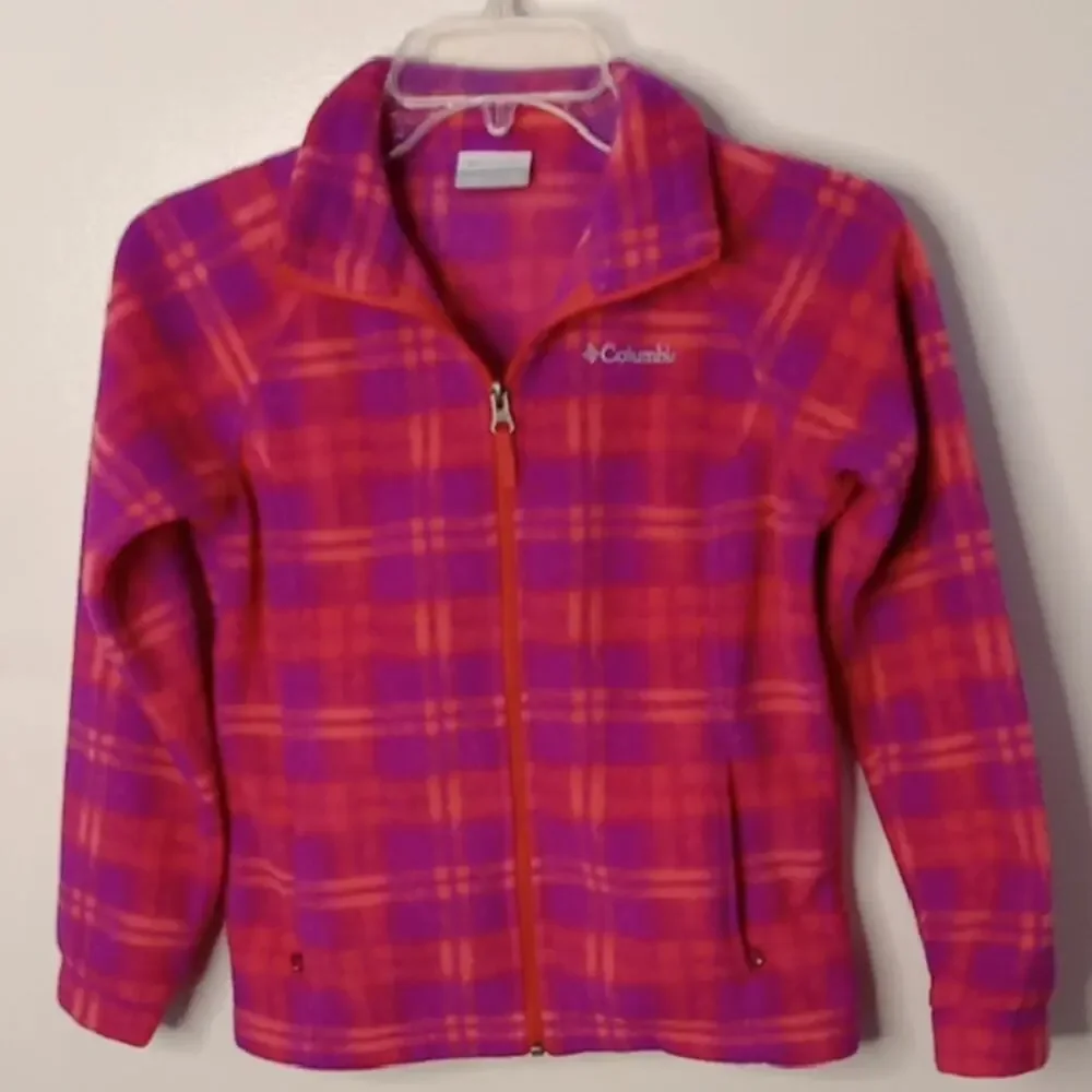 Columbia Girls Size Medium Pink and Orange Plaid Fleece Jacket. Athleisure, War